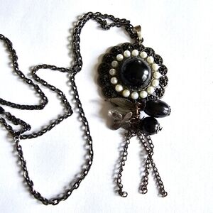Charm necklace black silver tone tassel chains butterfly leaf